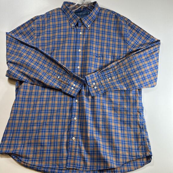 Coastal Cotton Plaid Long Sleeve Classic Fit Blue/Org Button Down Shirt Mens XXL - Picture 3 of 10
